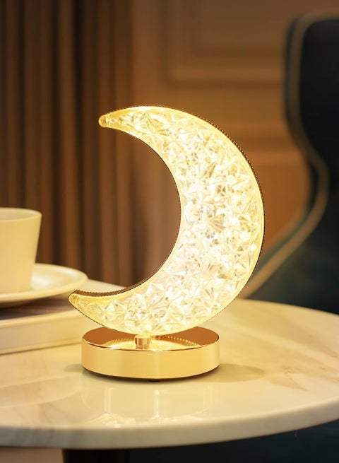 Ramadan Crescent Shape LED Crystal Table Lamp, LED Night Lamp with Touch Sensor and 3 Adjustable Color Modes with USB Cable, Indoor Lighting for Home, Office, Bedroom and Living Room